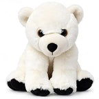 White polar bear plush toy with black nose, eyes, and paw pads, seated facing forward