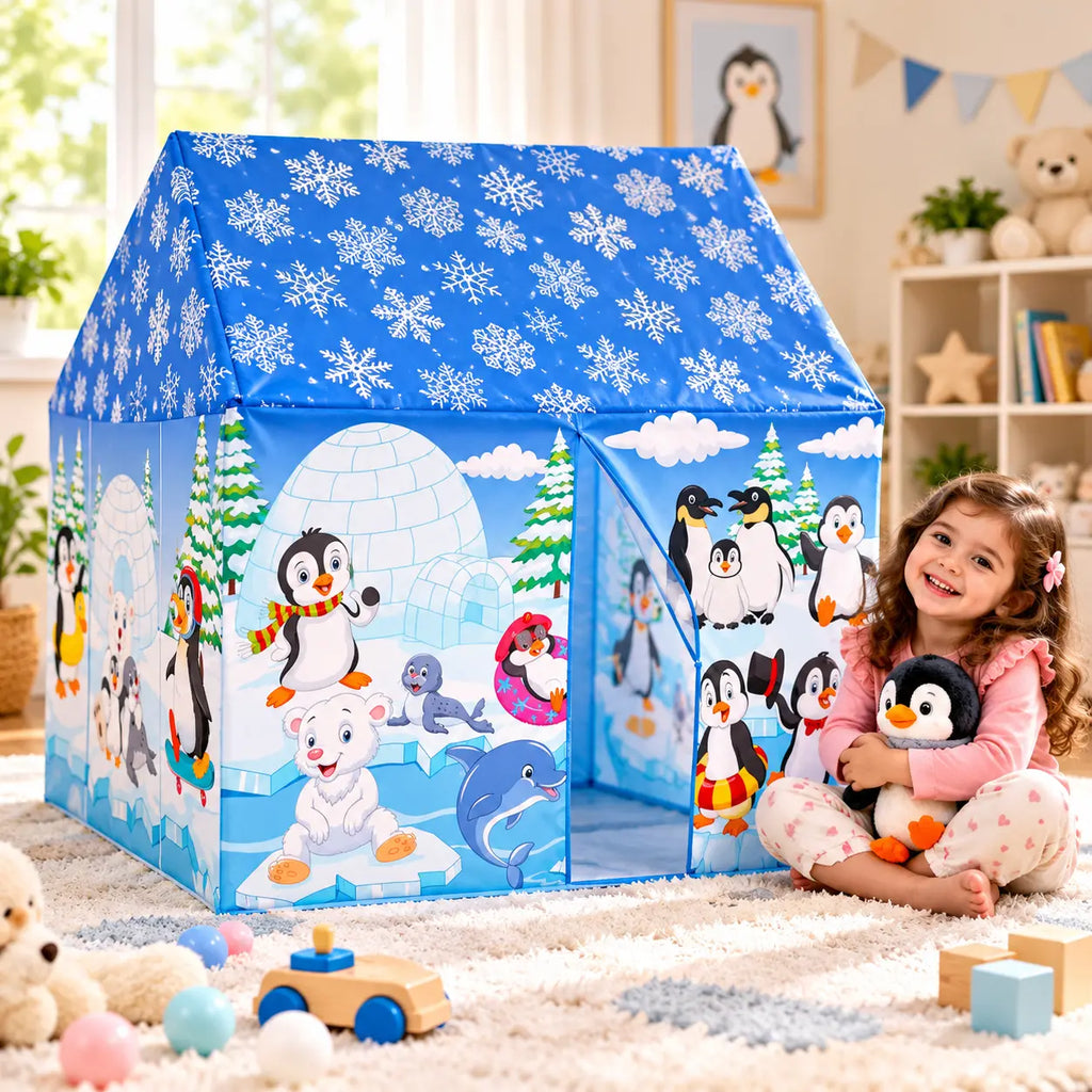 Blue penguin-print play tent with a snowflake roof and open front entrance