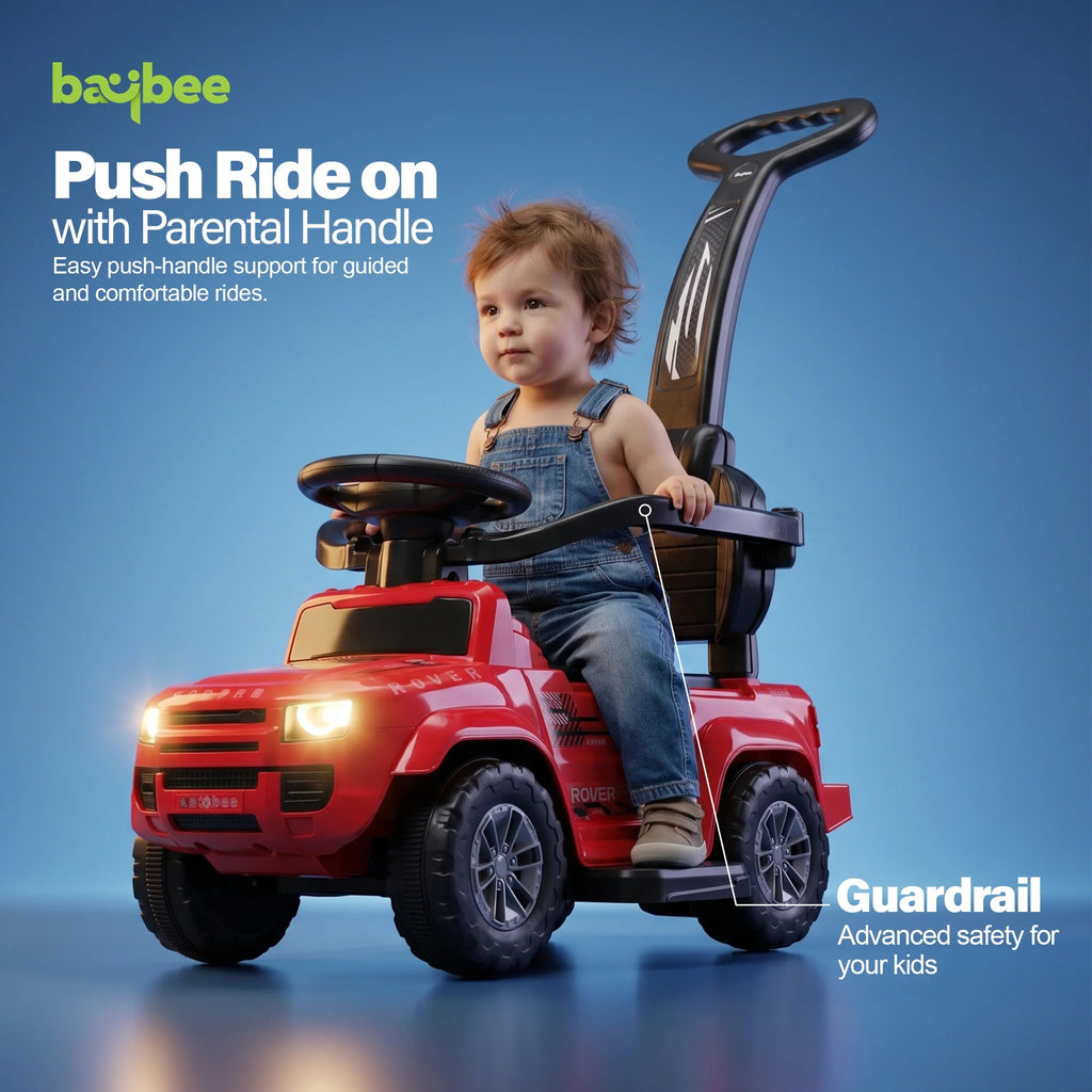 Red toddler ride-on car with parental handle and safety guardrail, carrying a child
