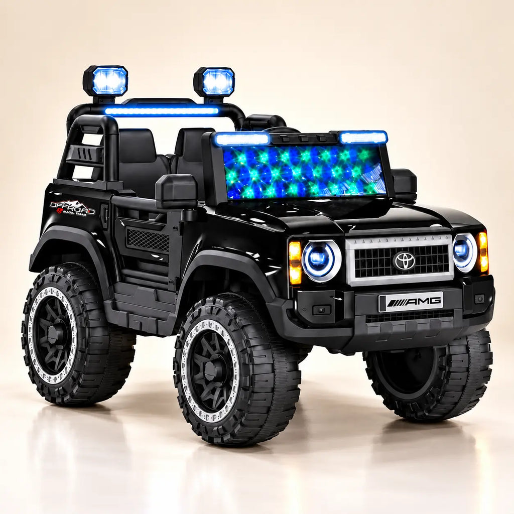 Kids ride-on jeep toy, black, with LED headlights and blue light bar, rugged wheels