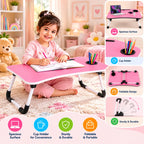Pink portable lap desk with cup holder, shown being used for drawing