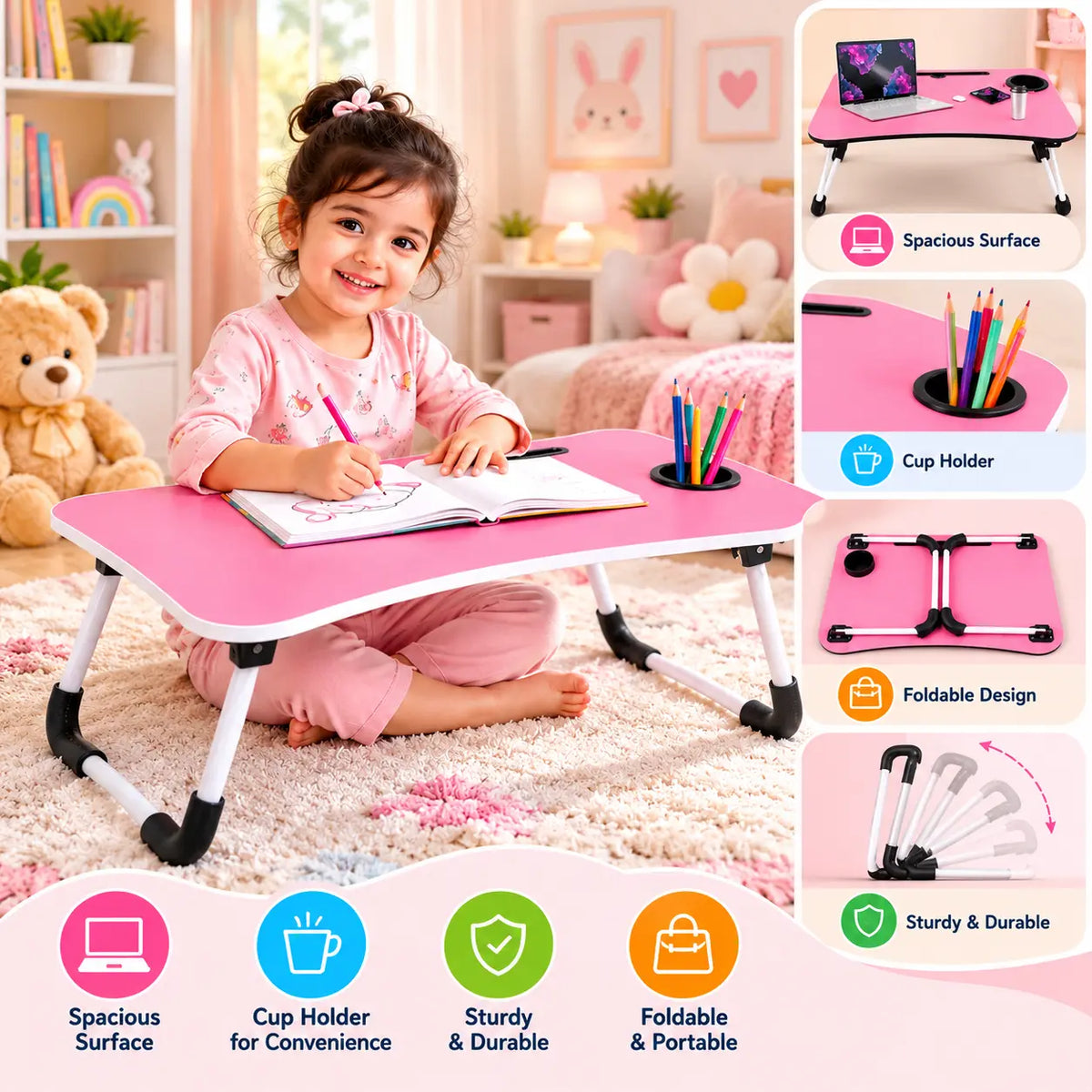 Pink portable lap desk with cup holder, shown being used for drawing