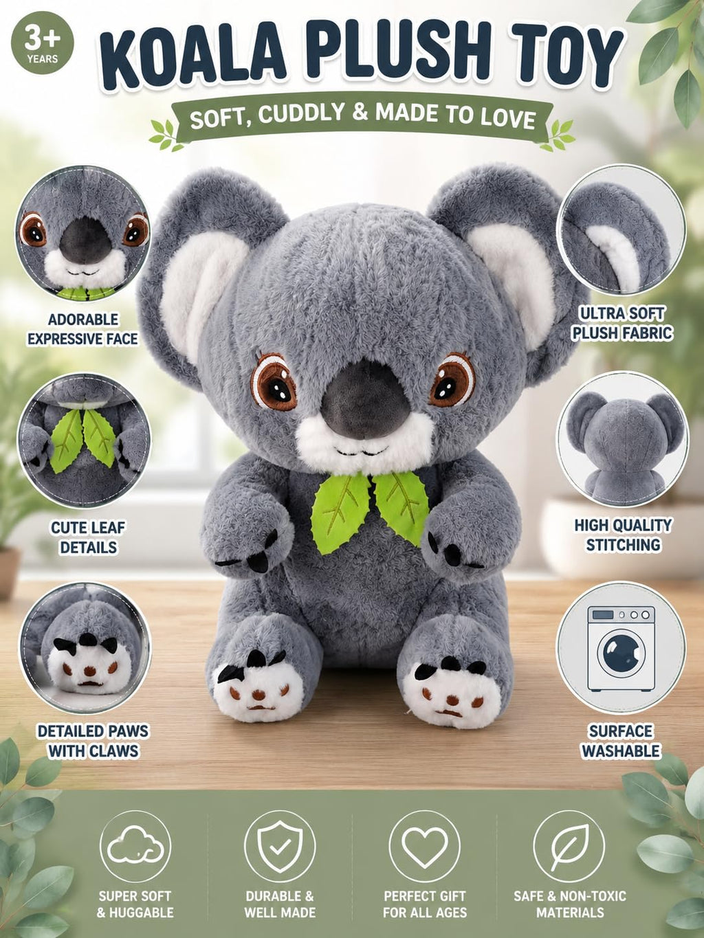RolexKoala Bear Plush Soft Toy with Embroidered Eyes & Leaf Bowtie | Ultra-Soft Cuddle Stuffed Animal for Kids 3+ Years