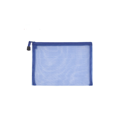Blue mesh pouch with a zipper on a white background