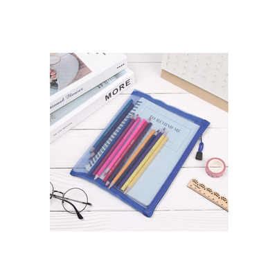 Blue pencil case with colorful pencils on a white surface with stationery items.