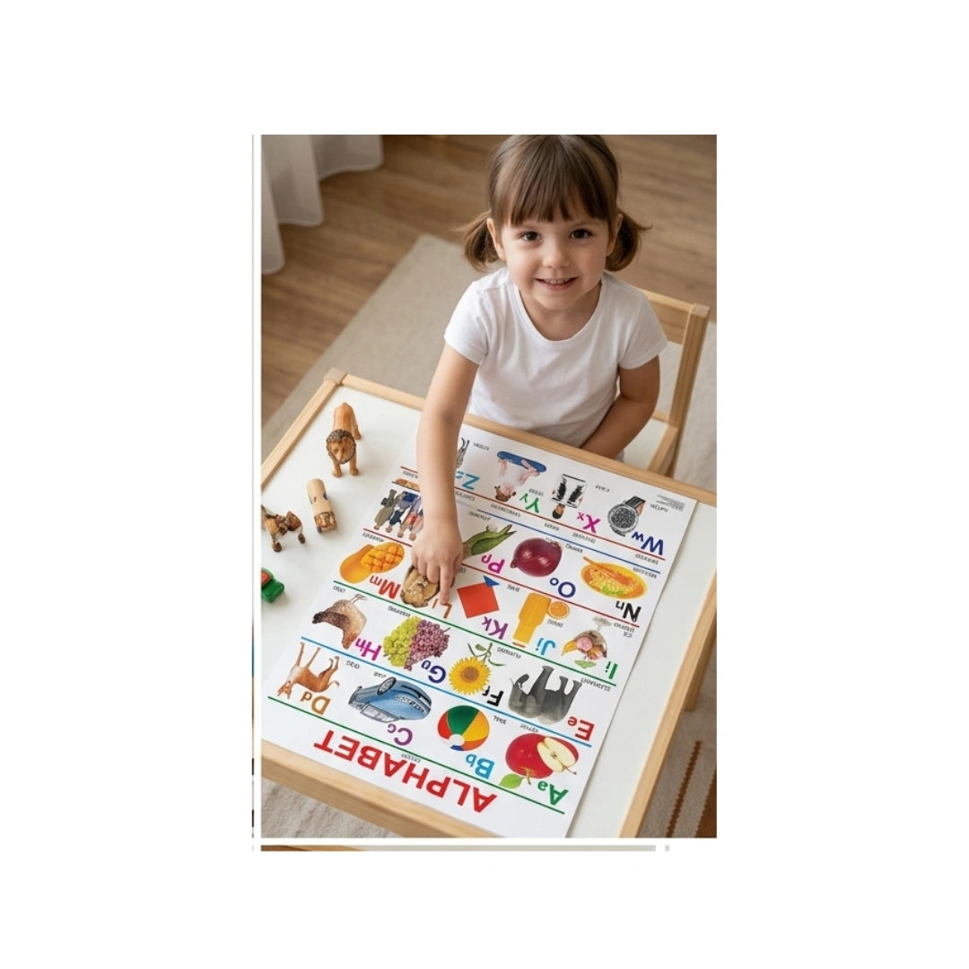 Colorful alphabet learning chart for children with letters and pictures.