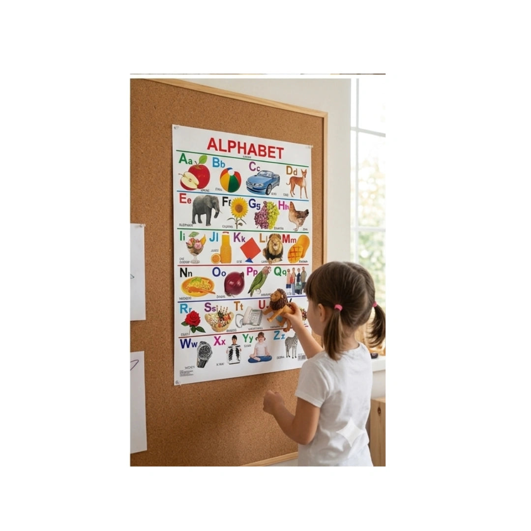 Colorful alphabet learning chart for children with letters and pictures.
