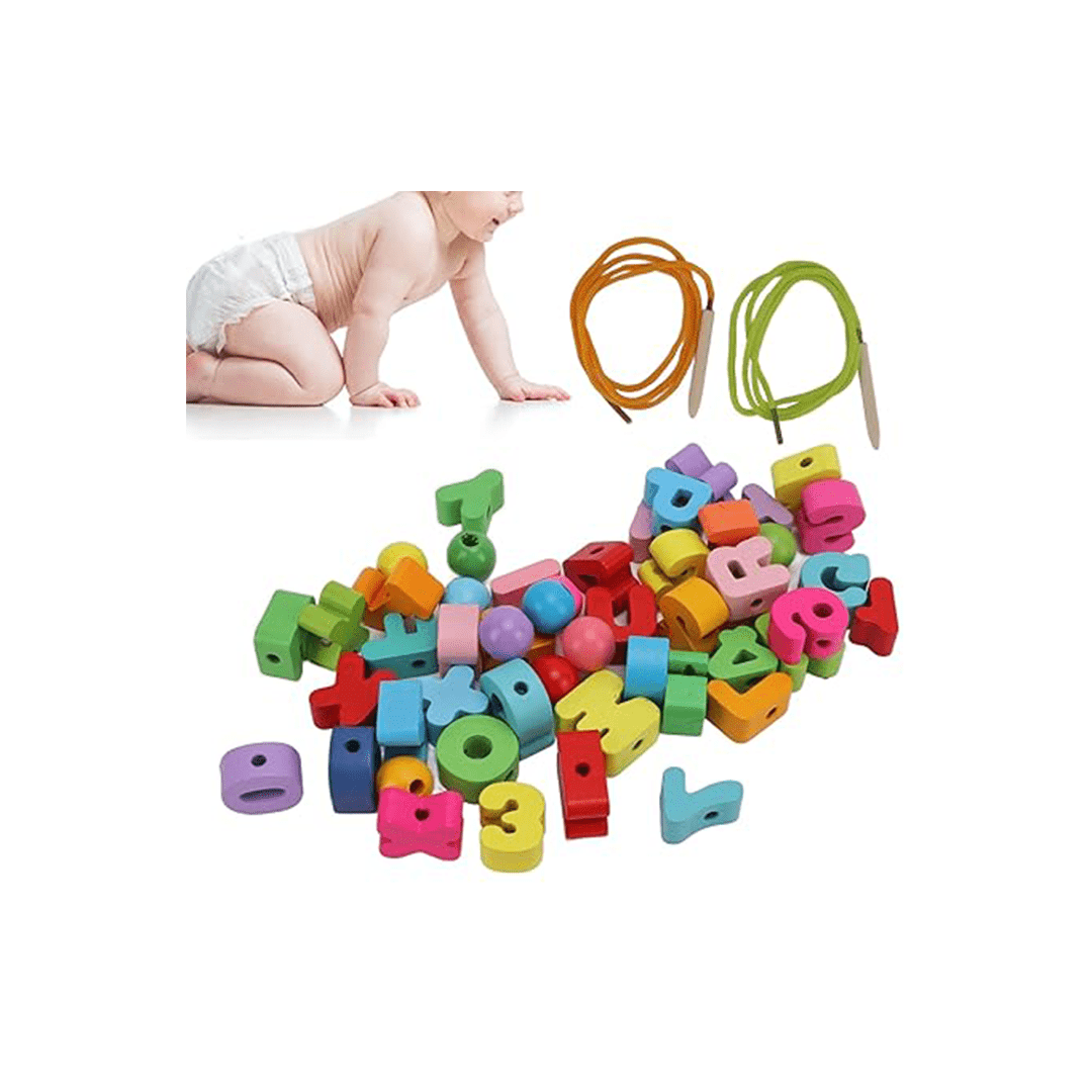 Extrokids Toys Extrokids Wooden Chunky Alphanumeric Blocks With Beads For Lacing (3 Years+)