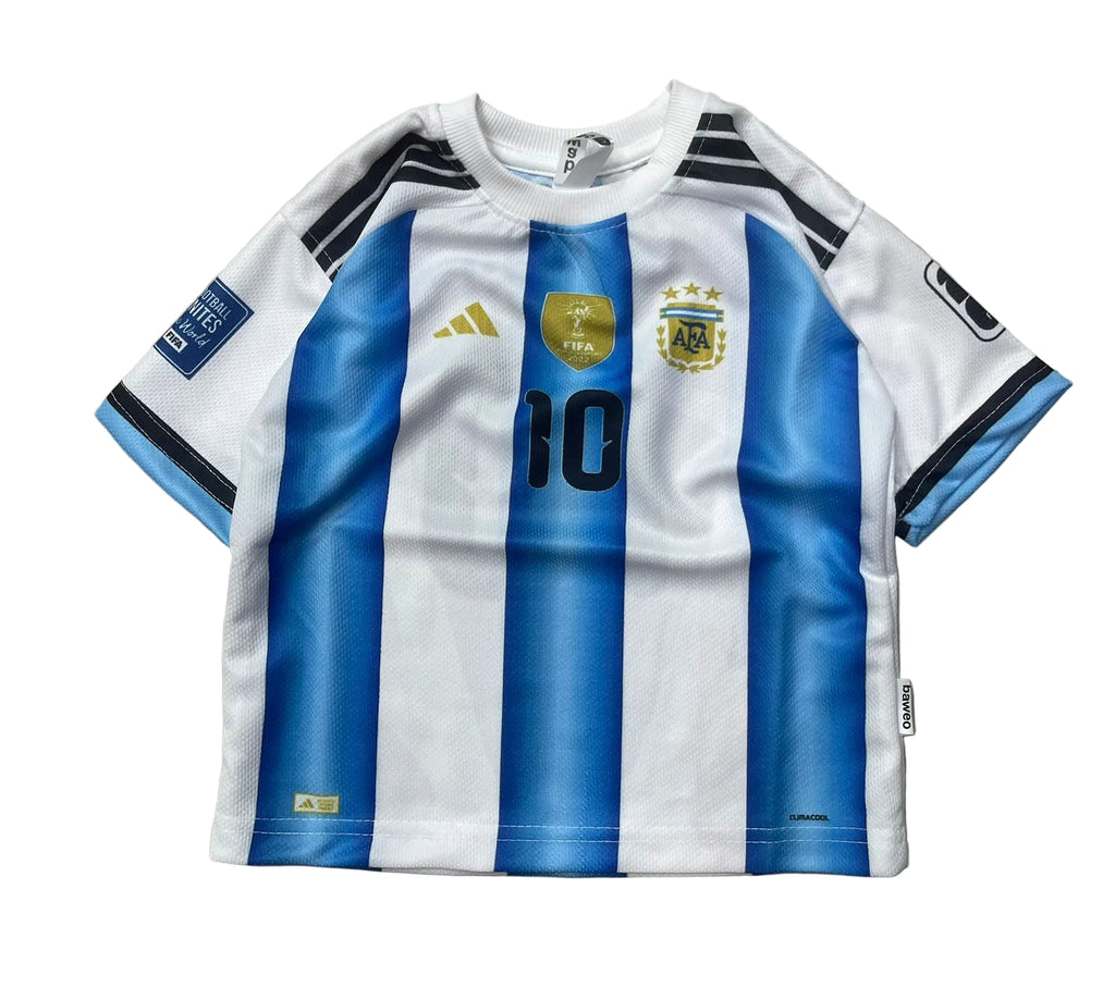 Children's soccer jersey with blue and white stripes on a beige background