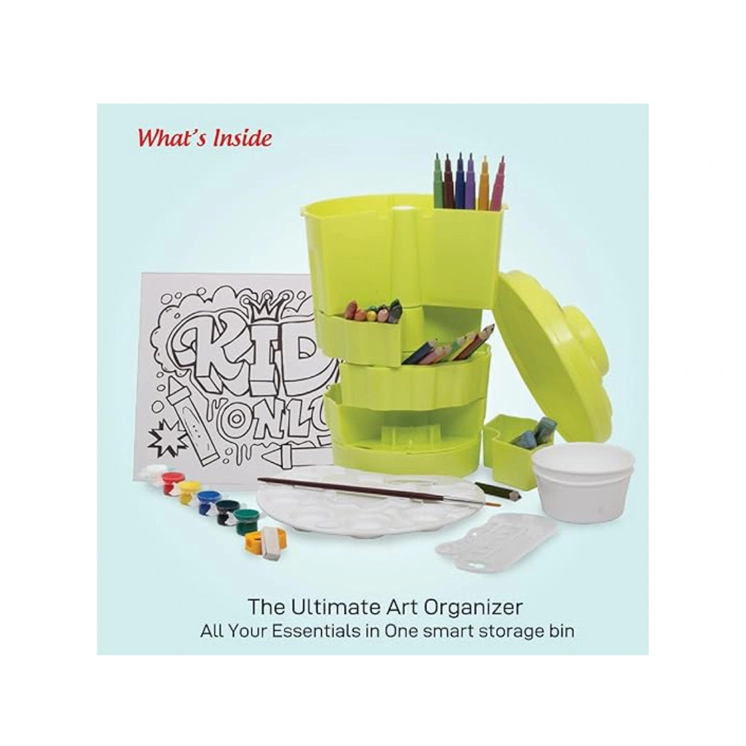 Art studio bin organiser for kids art supplies.