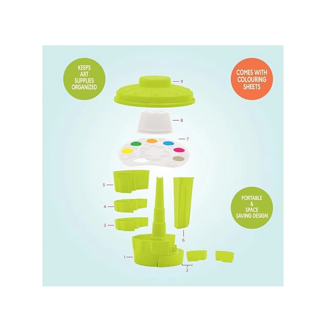 Art studio bin organiser for kids art supplies.