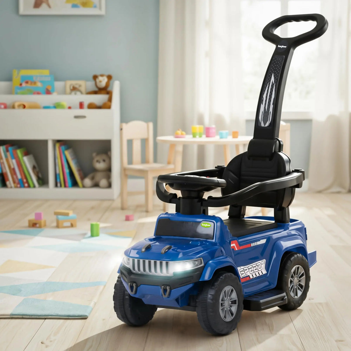 Baybee Speedy Pro blue ride-on car with parental handle and safety bar