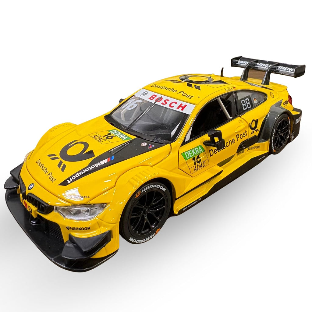 1:24 yellow die-cast BMW M4 DTM toy car, front-left view with open hood