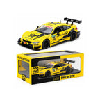 1:24 yellow die-cast BMW M4 DTM toy car with open hood and doors, boxed