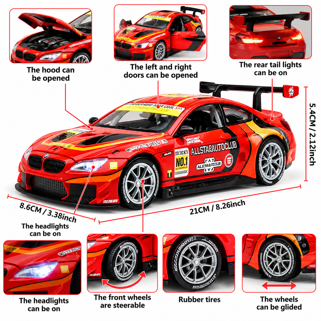 CCA 1:24 BMW M6 GT3 Die-Cast Car with Openable Hood & Doors, Toy Vehicle for Kids