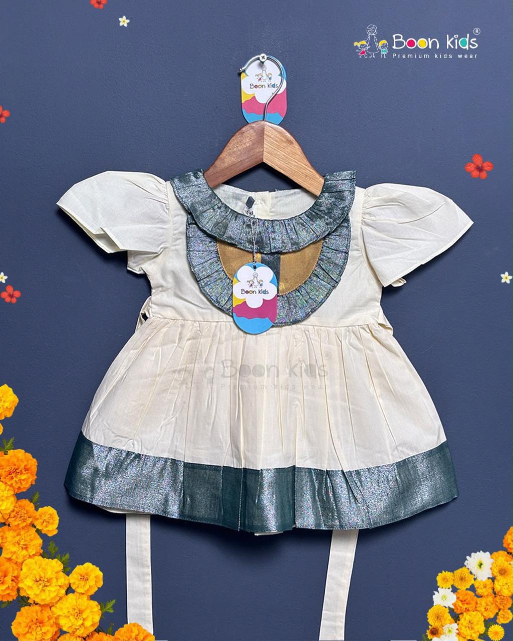 Boon Kids Baby Girls Cream & Blue Party Dress with Ruffle Collar (1-5 Year)