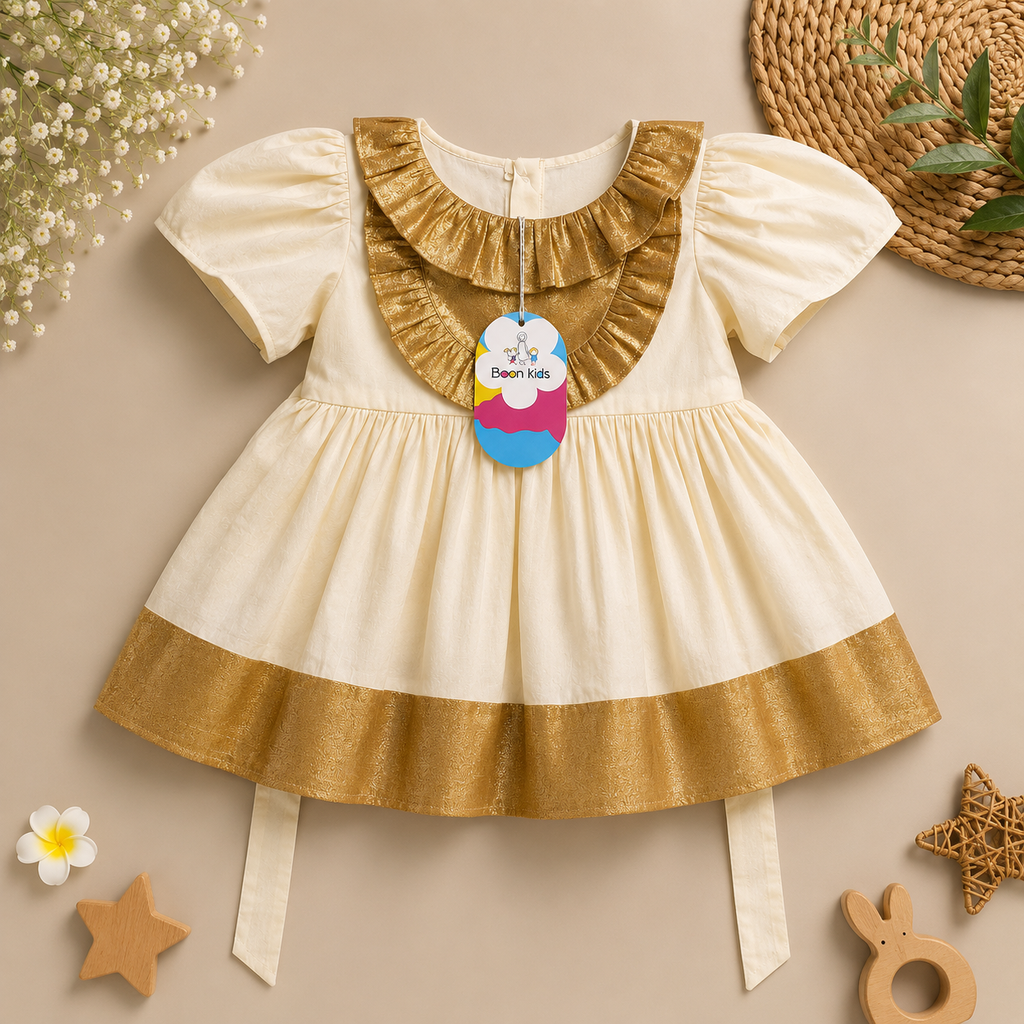 Boon Kids Baby Girls Cream & Blue Party Dress with Ruffle Collar (1-5 Year)