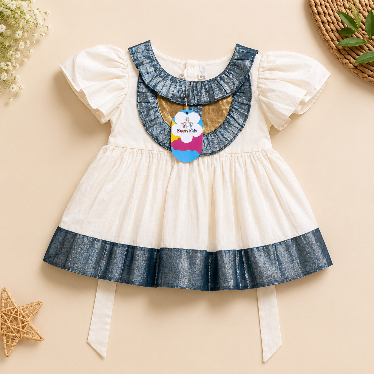Boon Kids Baby Girls Cream & Blue Party Dress with Ruffle Collar (1-5 Year)