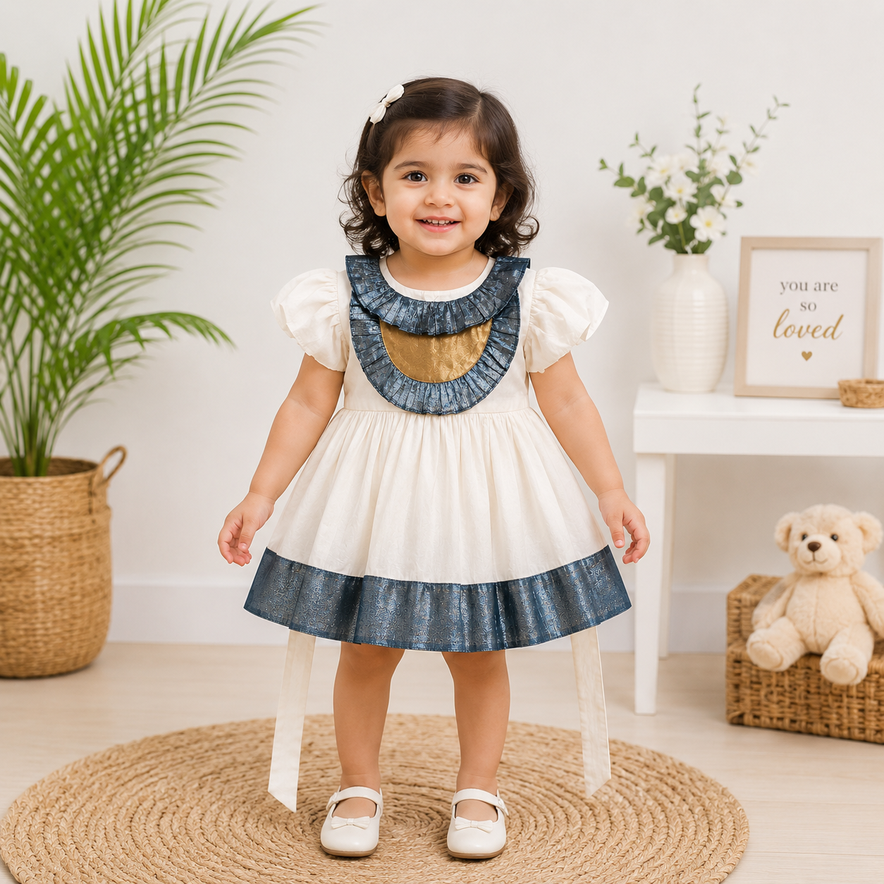 Boon Kids Baby Girls Cream & Blue Party Dress with Ruffle Collar (1-5 Year)