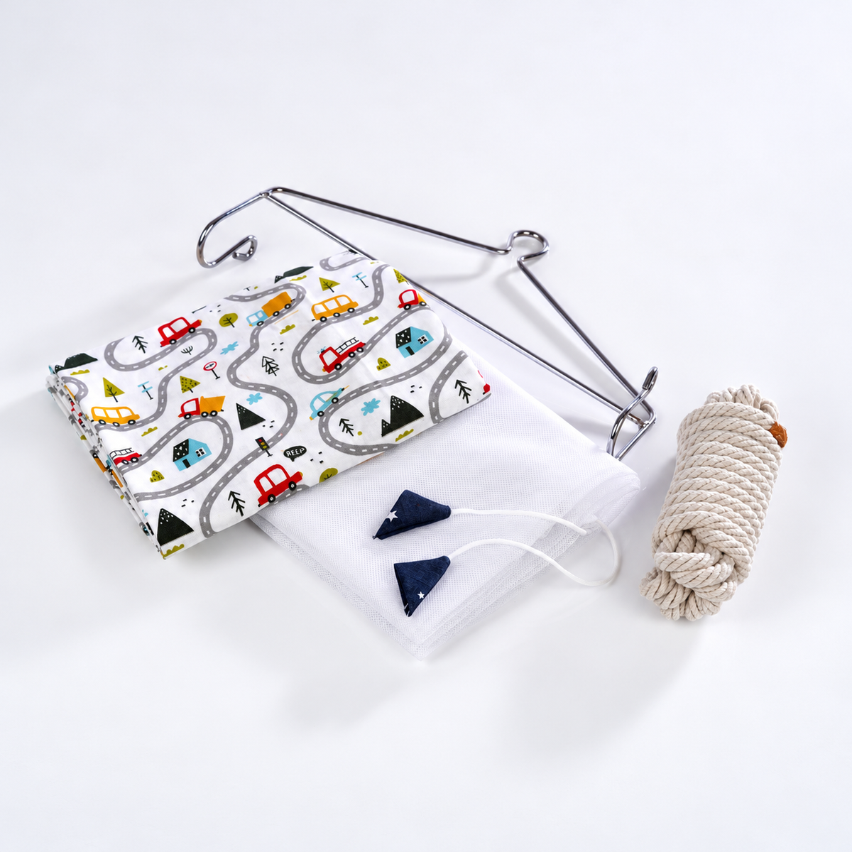 Baby bedding cloth set, patterned fabric squares with navy bow and cord