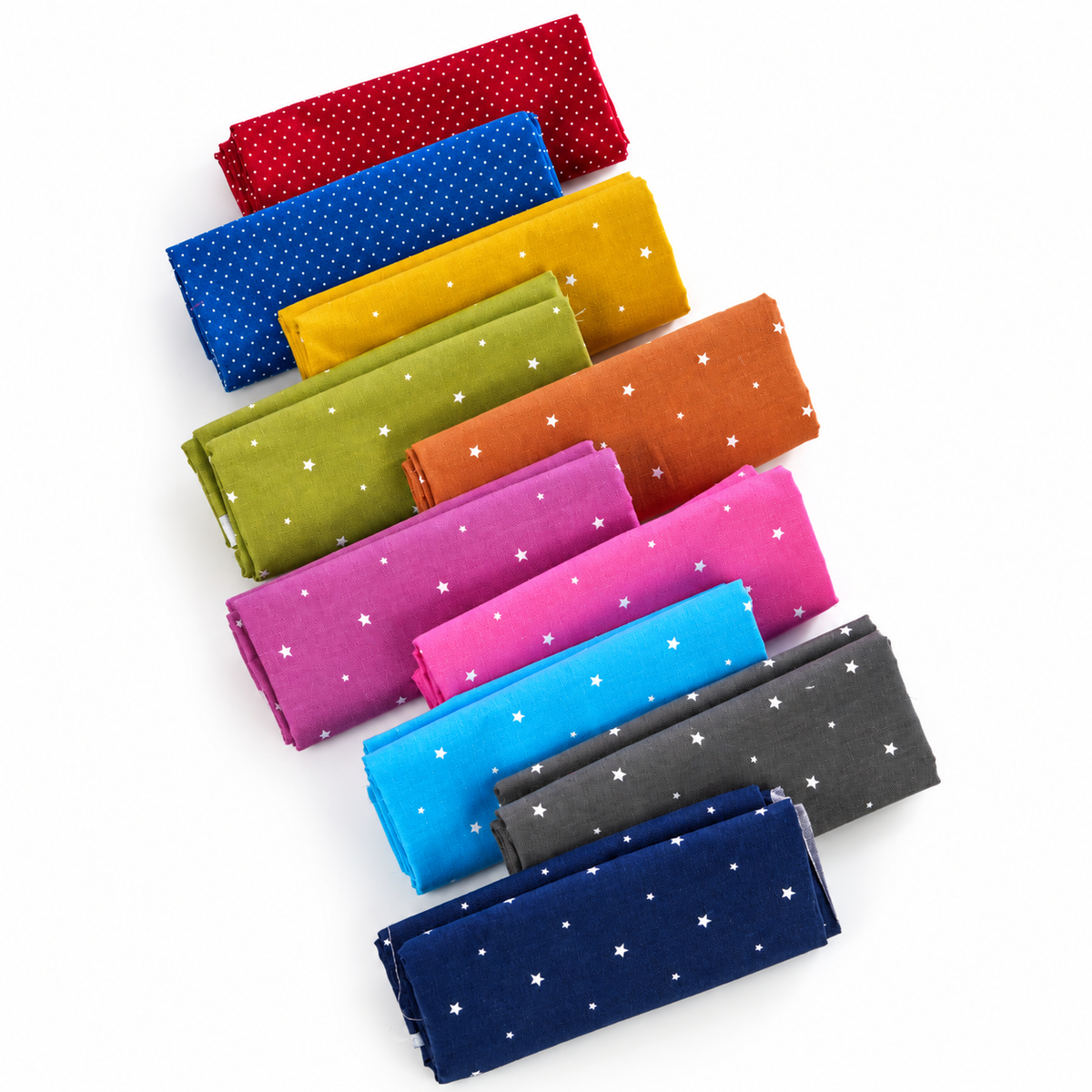 Cradle cloth set, folded solid colors with tiny star pattern in blue and red tones