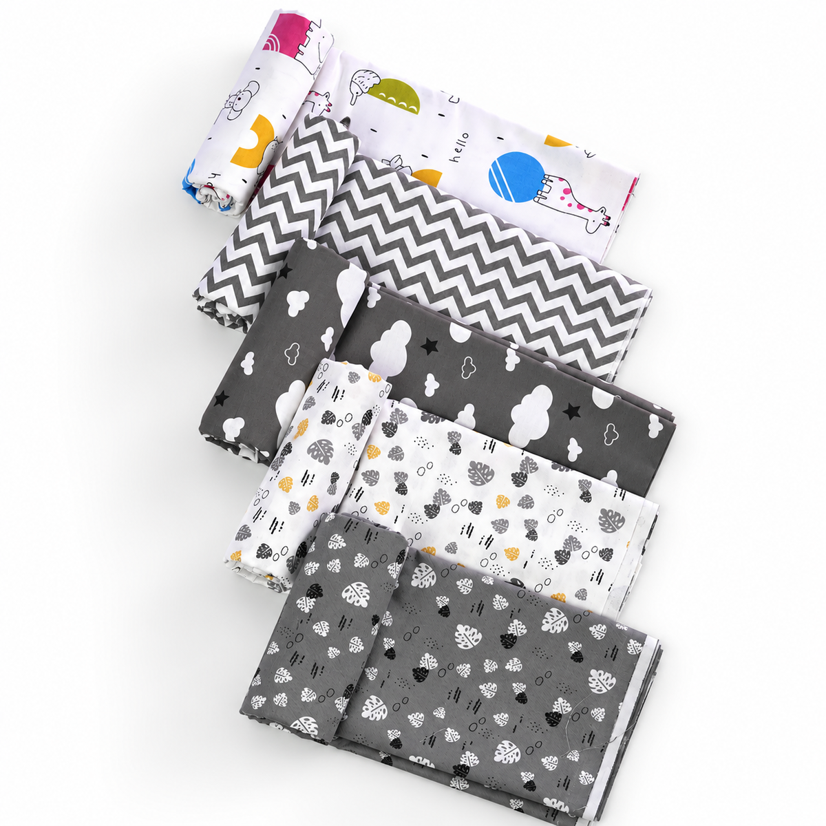 Newborn crib cloth set, gray and white printed swaddle cloths with zigzag detail