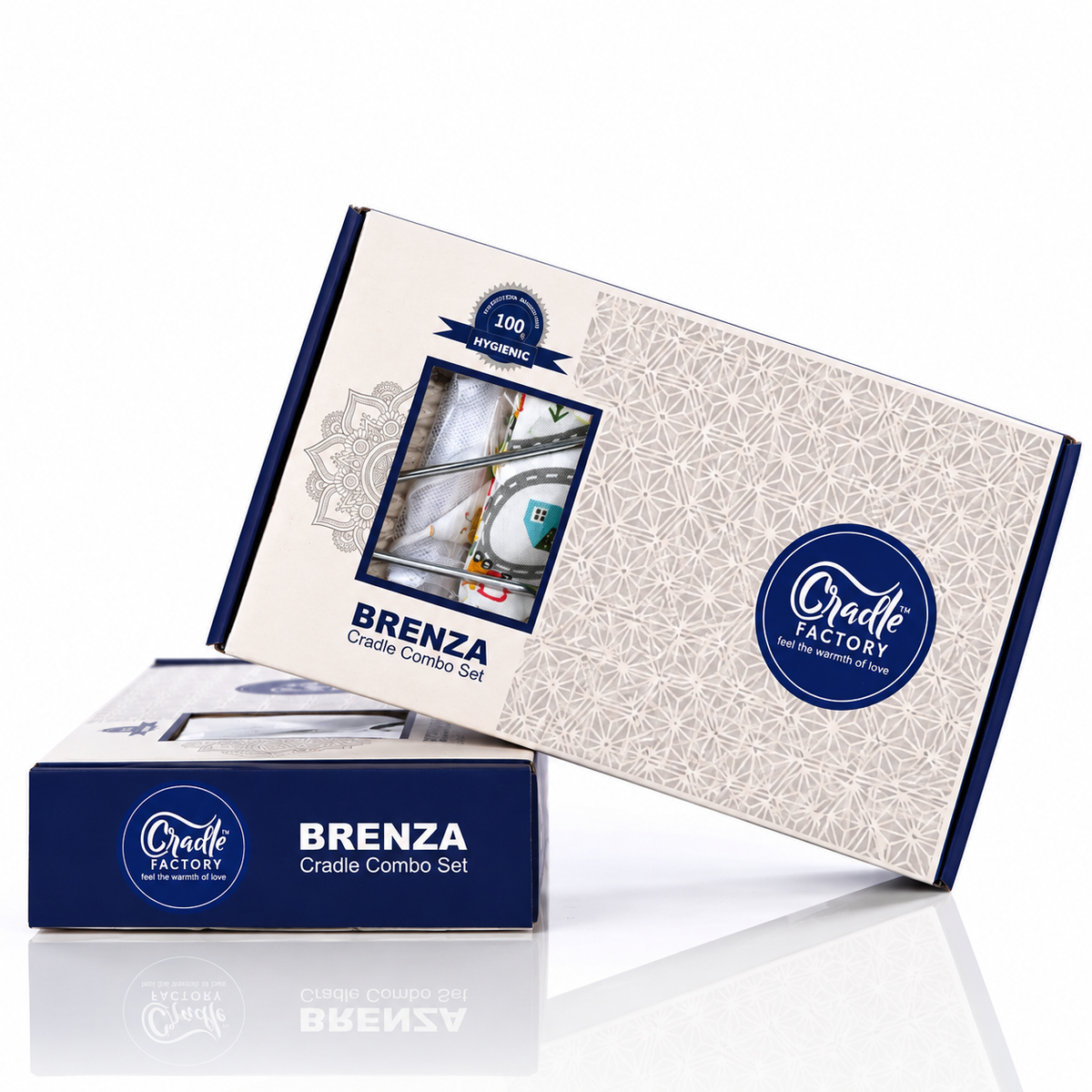 Cradle set packaging box with Cradle Factory logo and BRENZA label