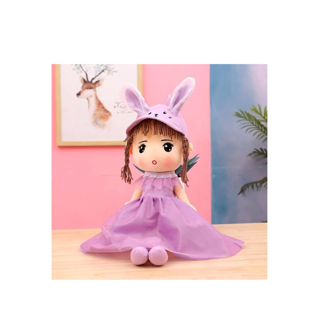 Soft Baby Doll for Girls, Fluffy Rag Doll with Rabbit Ears, Plush Pillow, Stuffed Doll with Hair and Dress, Comfortable Sleeping Doll for Toddlers