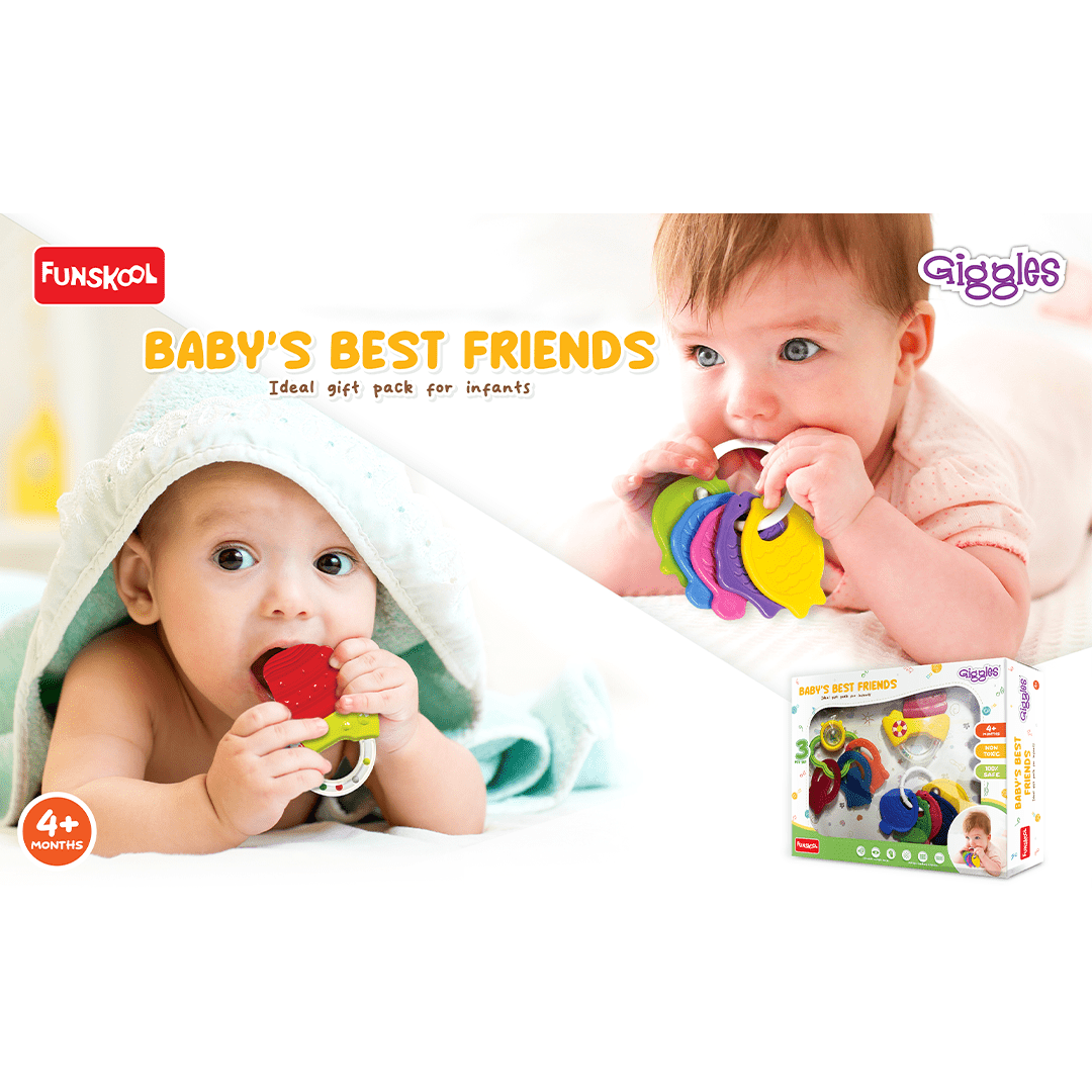 Funskool Toys Funskool Giggles - Baby's Best Friend, Ideal Gift pack for Infants , 3 pcs set, Teethers and Rattles, Multi-colour Baby toy Gift set for New Born, 4 months and above