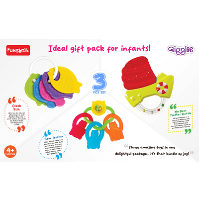Funskool Toys Funskool Giggles - Baby's Best Friend, Ideal Gift pack for Infants , 3 pcs set, Teethers and Rattles, Multi-colour Baby toy Gift set for New Born, 4 months and above