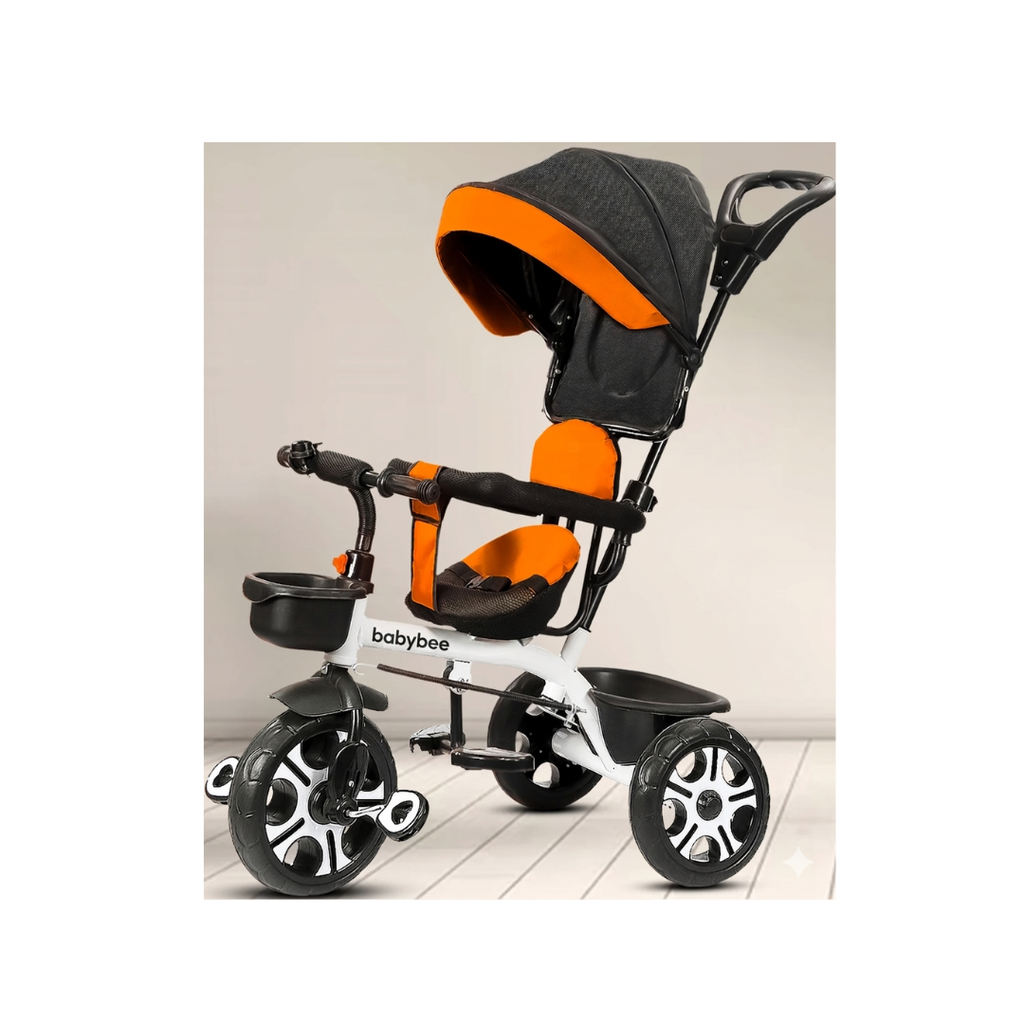 Orange kids tricycle with canopy and parent handle