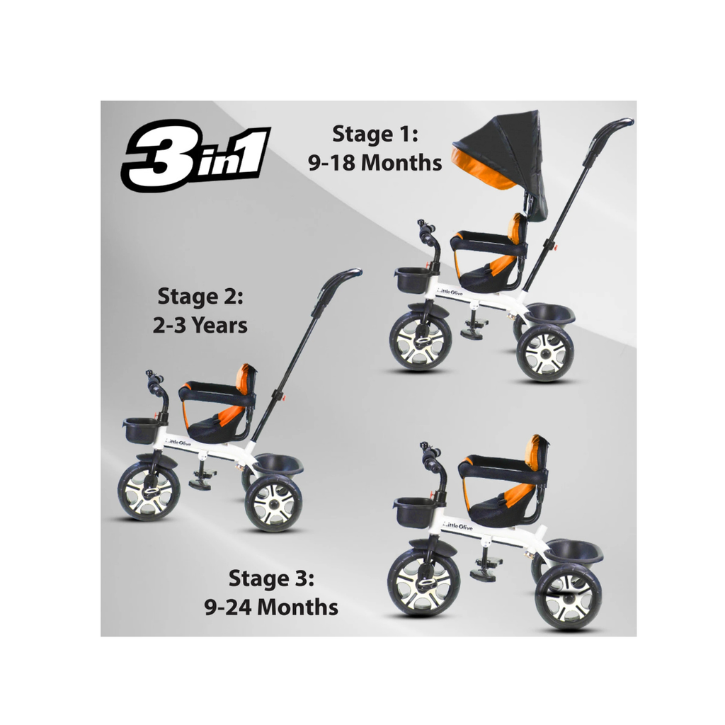 Orange kids tricycle with canopy and parent handle