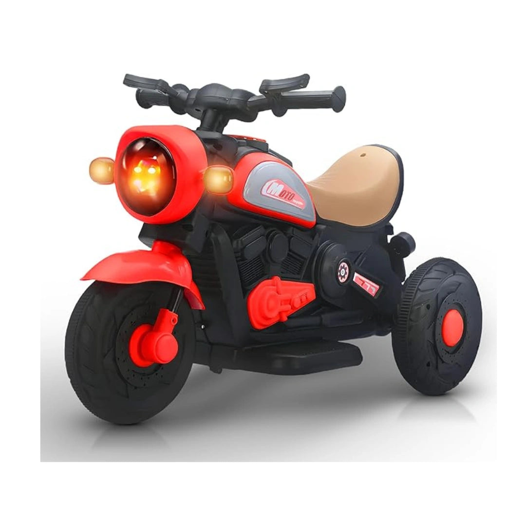Red rechargeable kids ride-on bike with lights and music.
