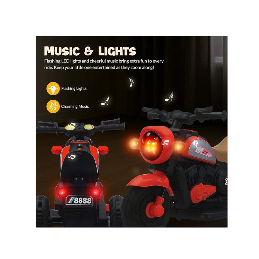 Red rechargeable kids ride-on bike with lights and music.
