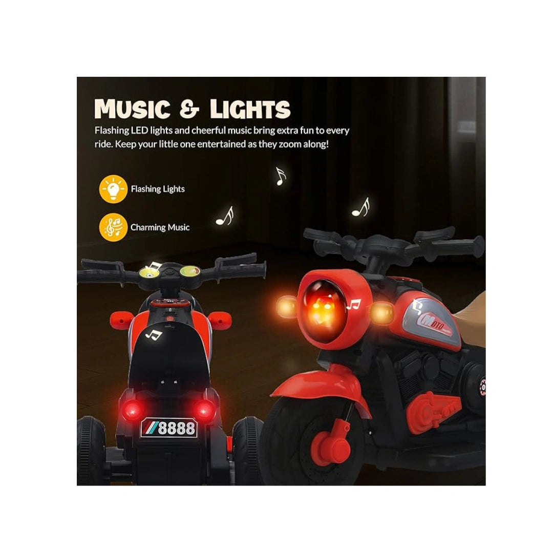 Red rechargeable kids ride-on bike with lights and music.
