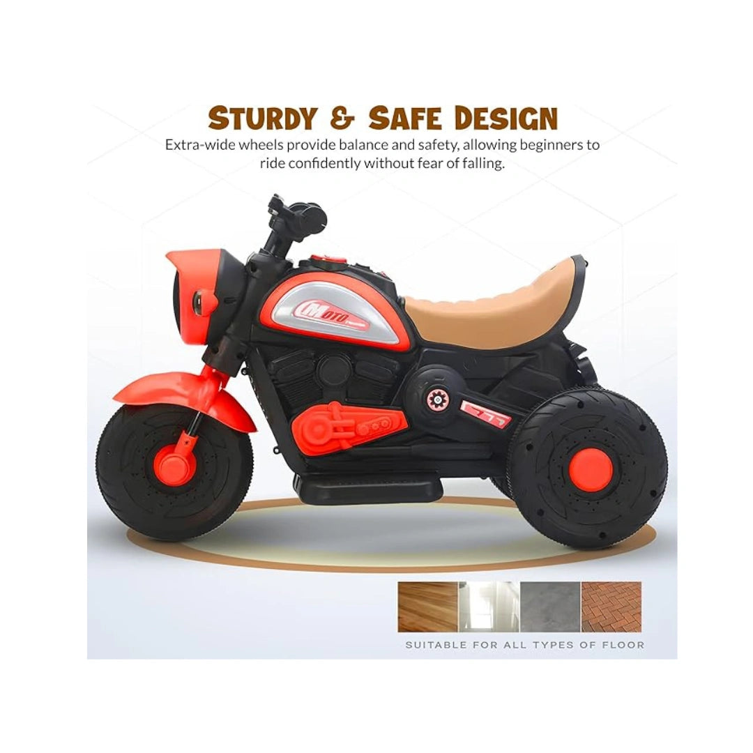 Red rechargeable kids ride-on bike with lights and music.
