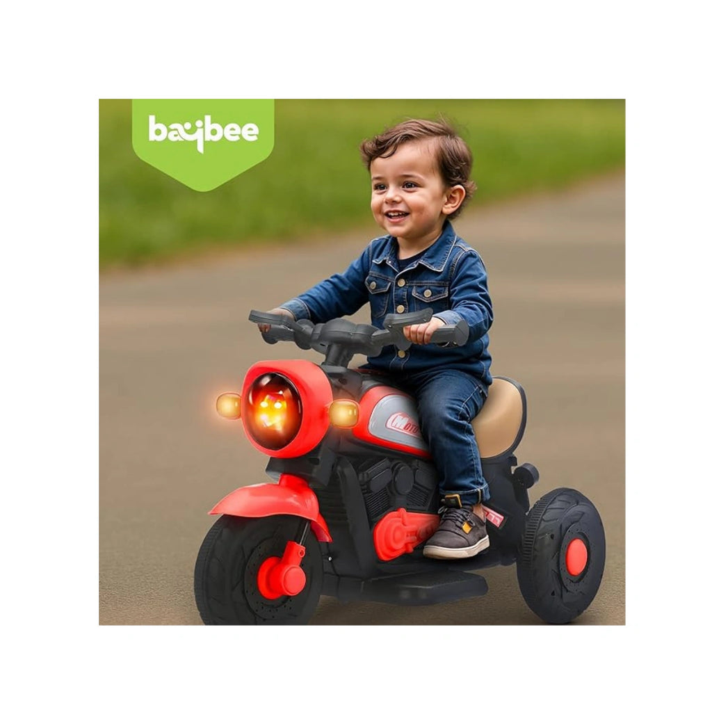 Red rechargeable kids ride-on bike with lights and music.
