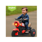 Red rechargeable kids ride-on bike with lights and music.
