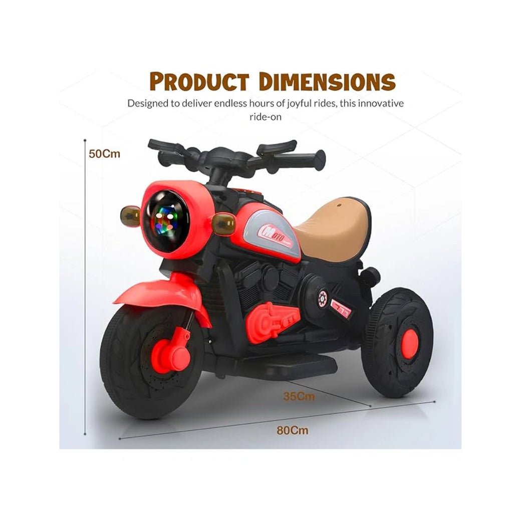 Red rechargeable kids ride-on bike with lights and music.
