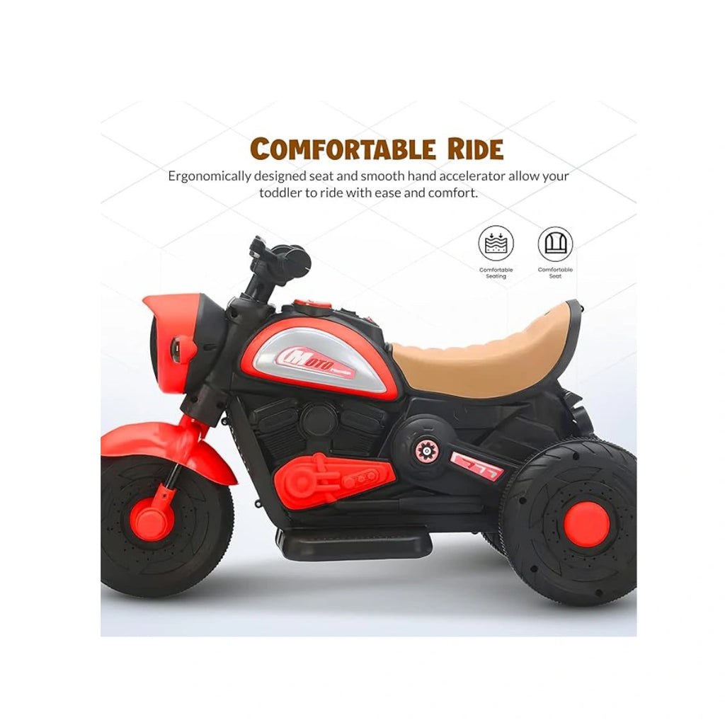 Red rechargeable kids ride-on bike with lights and music.
