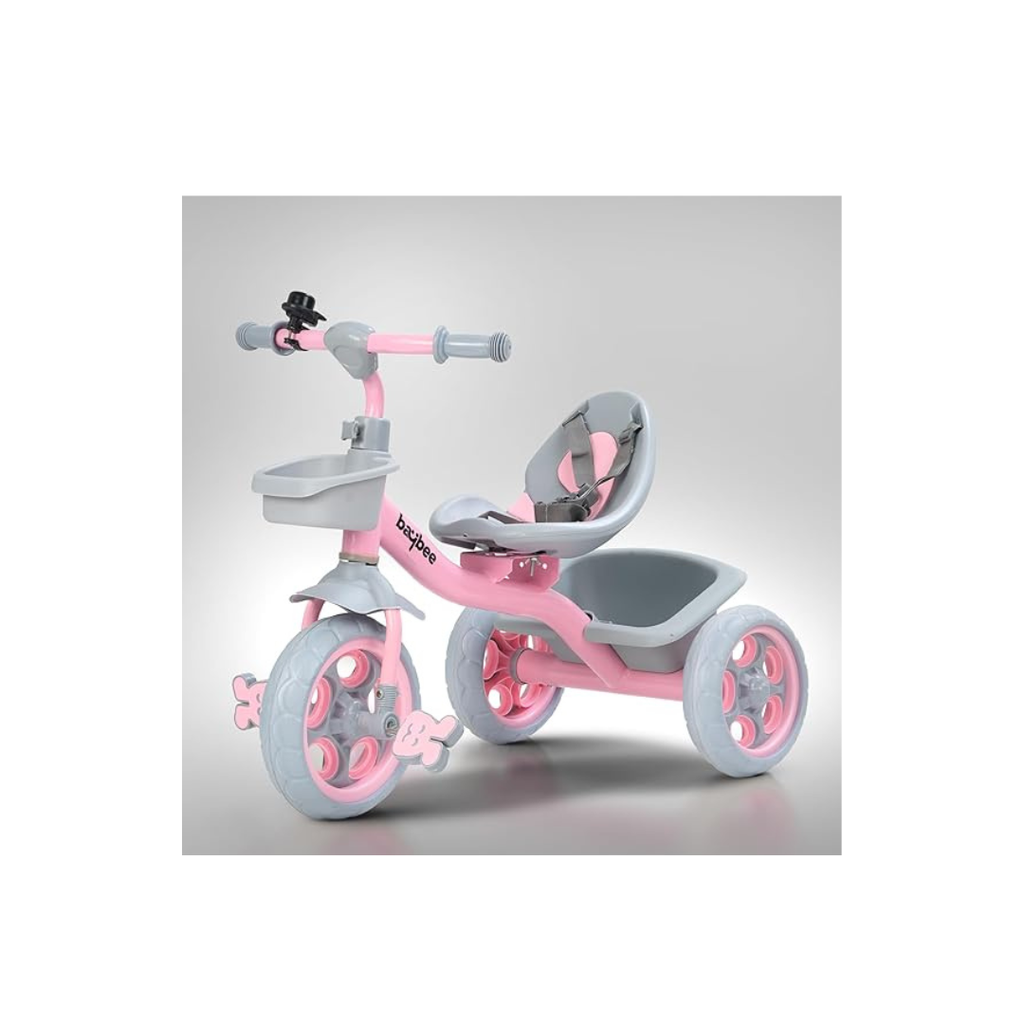 Pink kids tricycle with basket and backrest