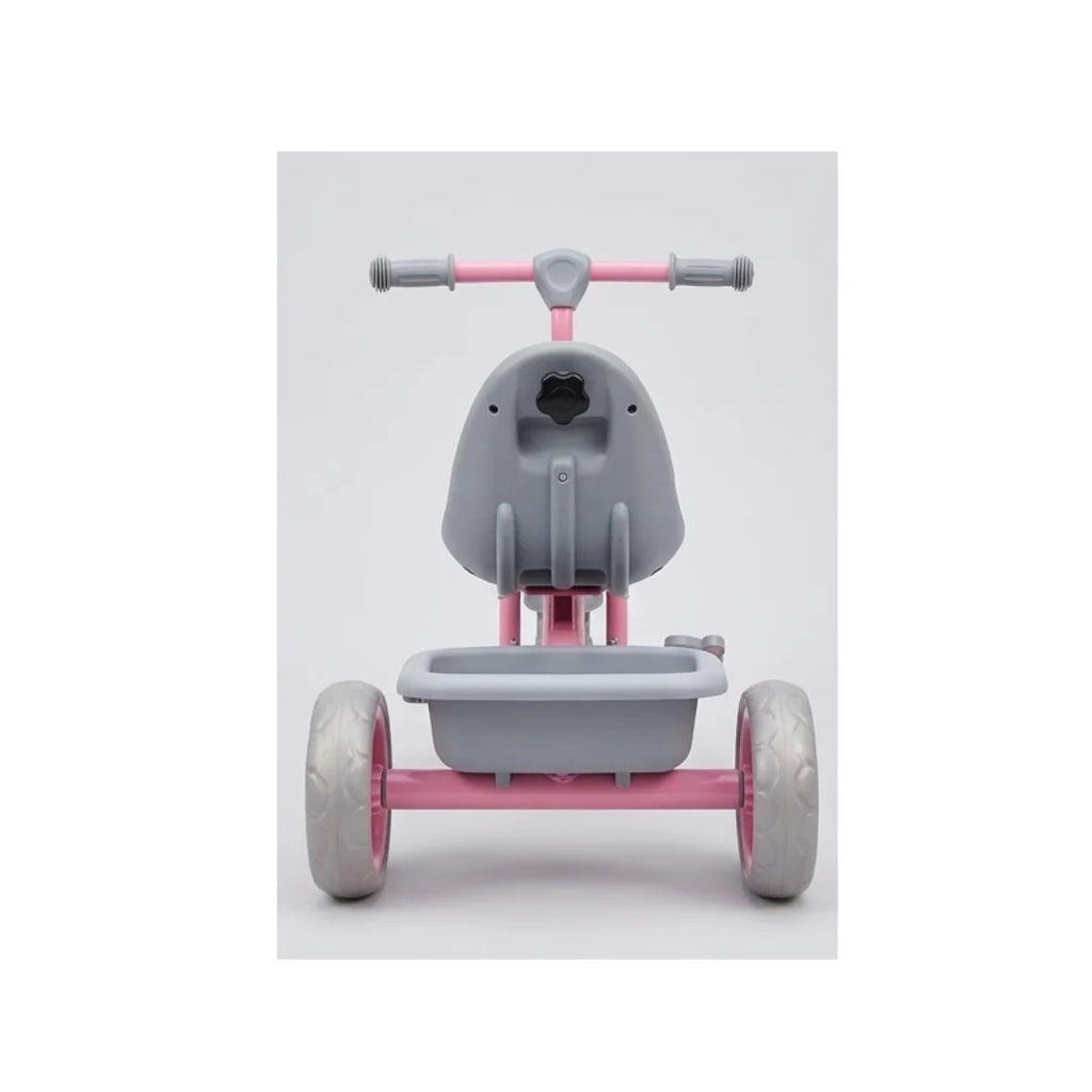Pink kids tricycle with basket and backrest