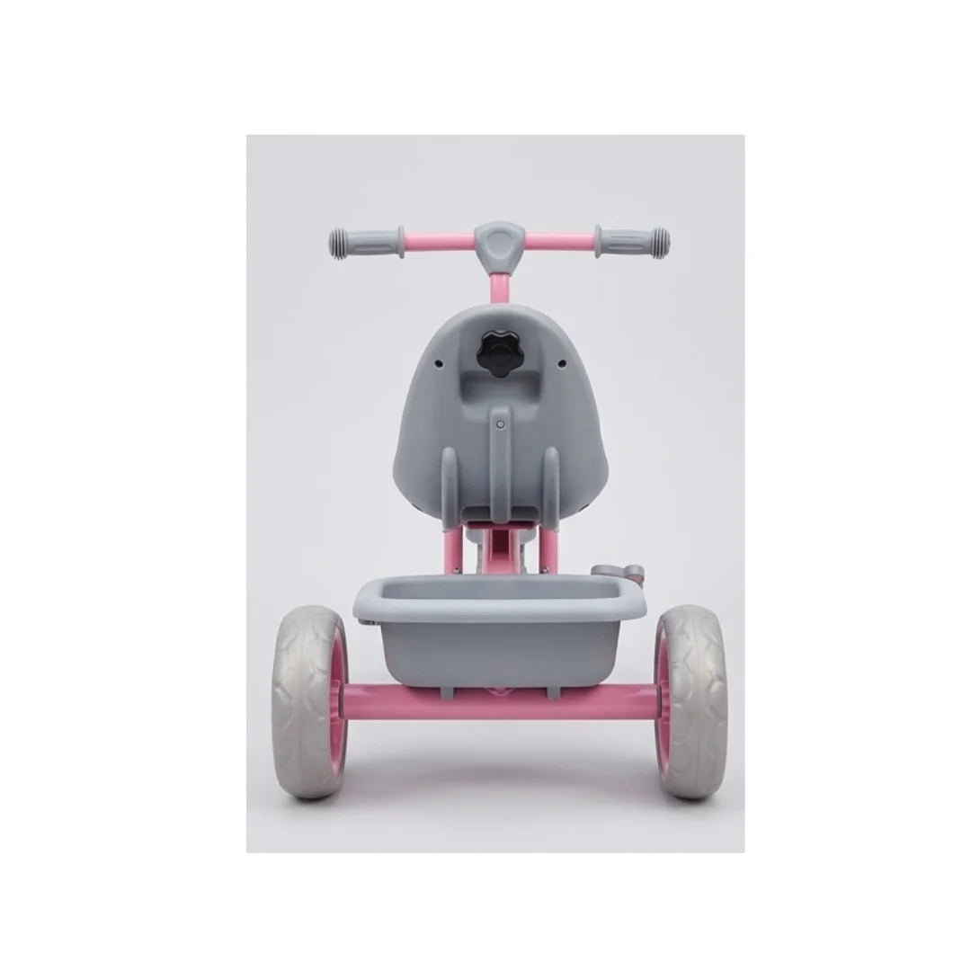 Pink kids tricycle with basket and backrest