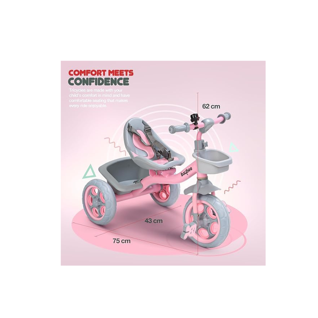 Pink kids tricycle with basket and backrest