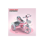 Pink kids tricycle with basket and backrest