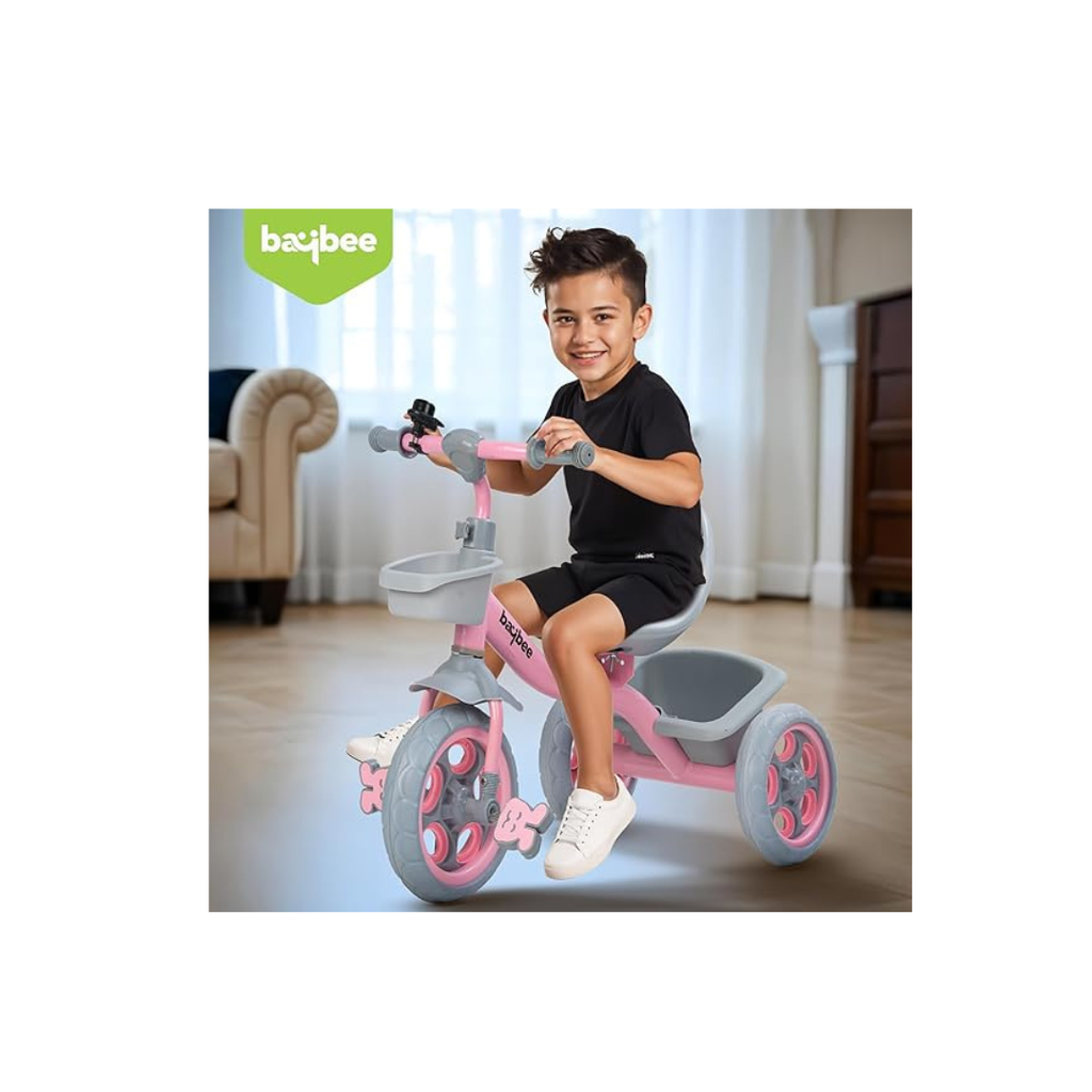 Pink kids tricycle with basket and backrest