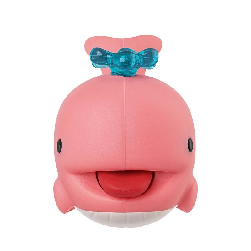 A pink whale-shaped toy or container with a translucent blue bow on its head, black eyes, and a white belly, shown against a plain white background.