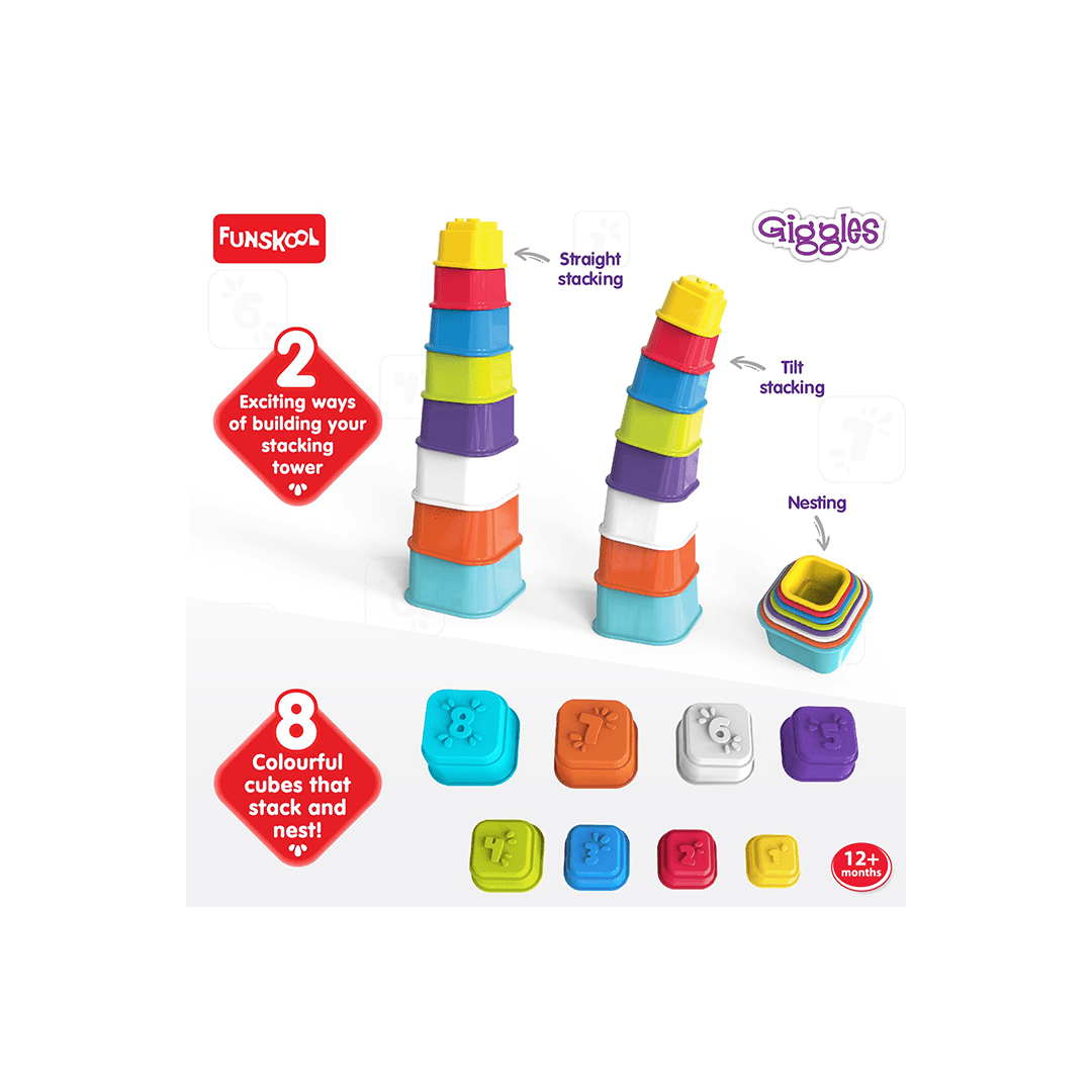 Funskool Toys Funskool Giggles - Build N Tilt Number Cubes, Multicolour Cubes, Cubes with Numbers, Stack and Nest, 12 Months and above, 2 Modes of Stacking Straight stack and Slant Stack