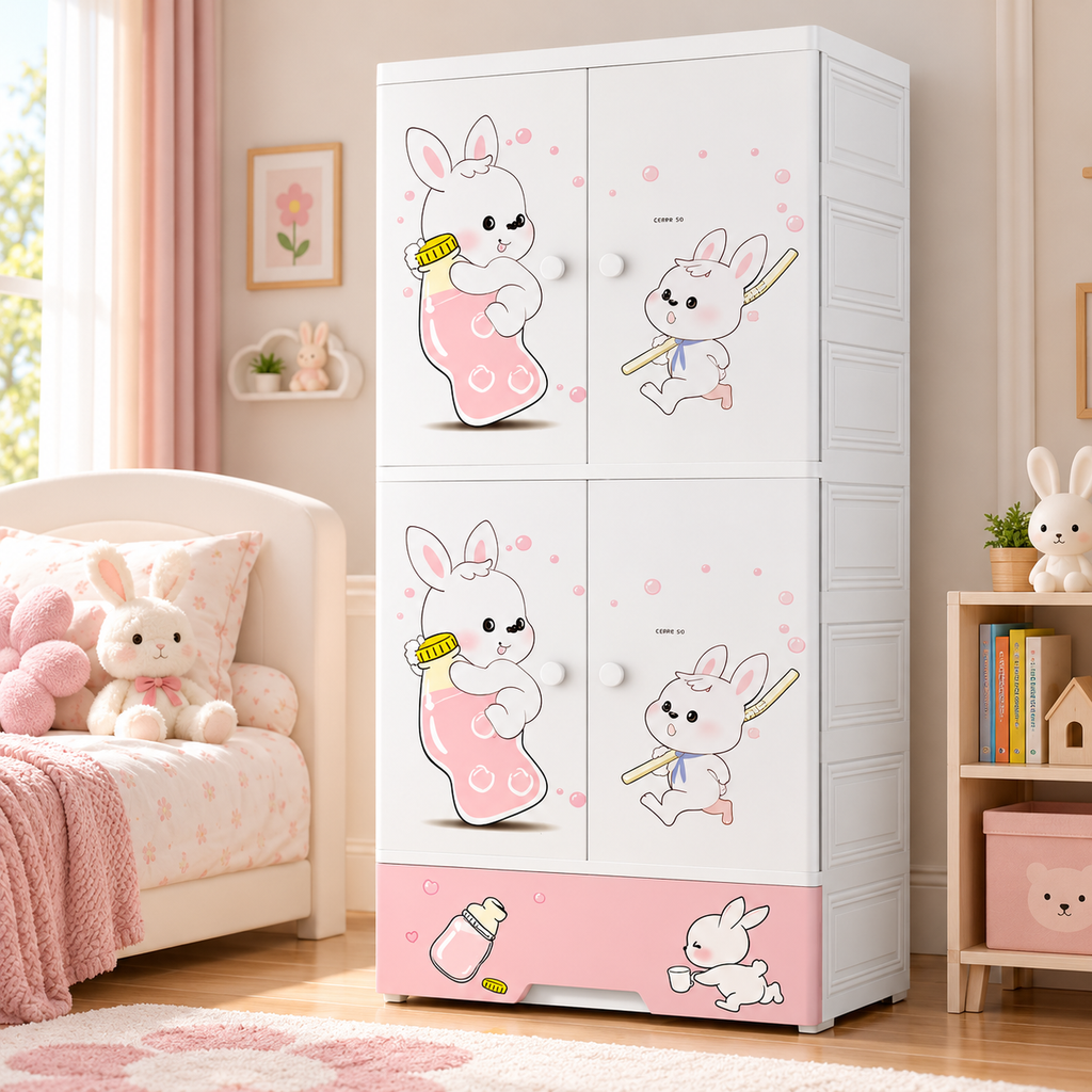 Kids storage cabinet with shelves and drawers, white with pink rabbit graphic panels