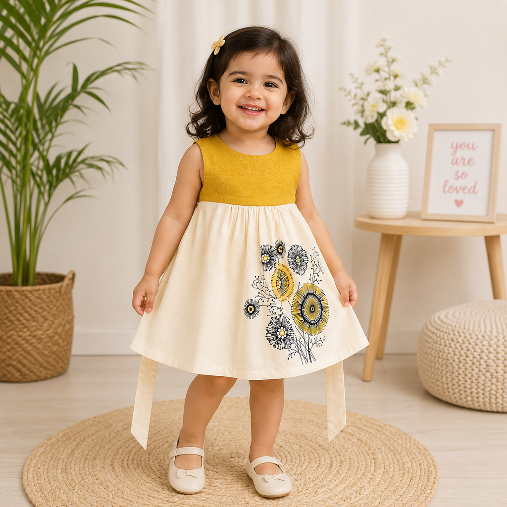 Boon Kids Baby Girls Yellow Gold & Gold Floral Print Party Dress